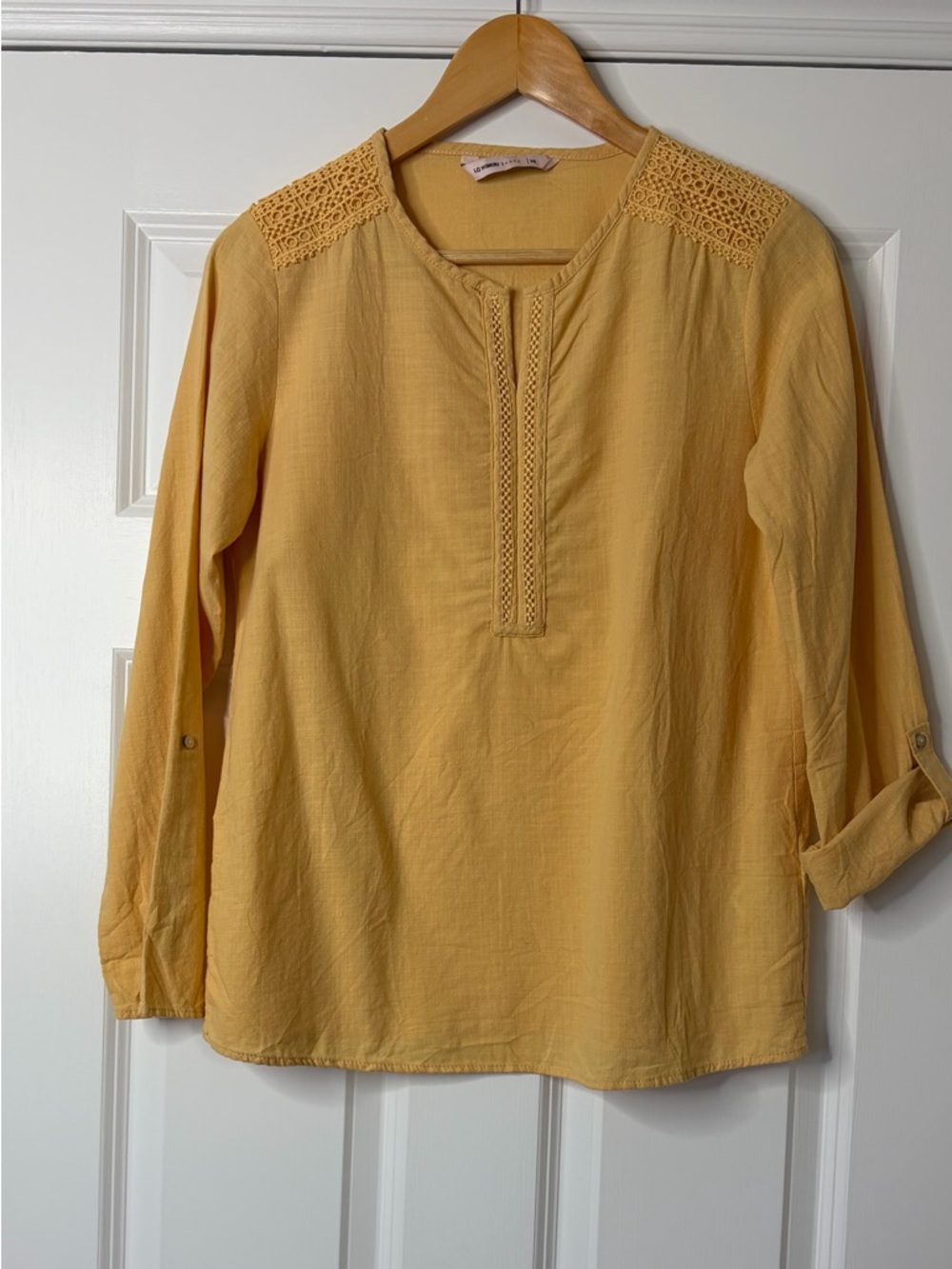 LCW Grace Women’s Mustard 100% Cotton Henley Lace  Long-Sleeve Shirt Size 38